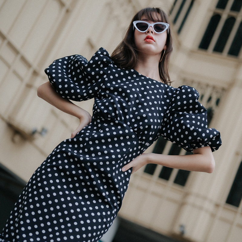 Lism D-065 Elegant Polka Dot Ruffle Midi Dress ชุดเดรสลายจุด