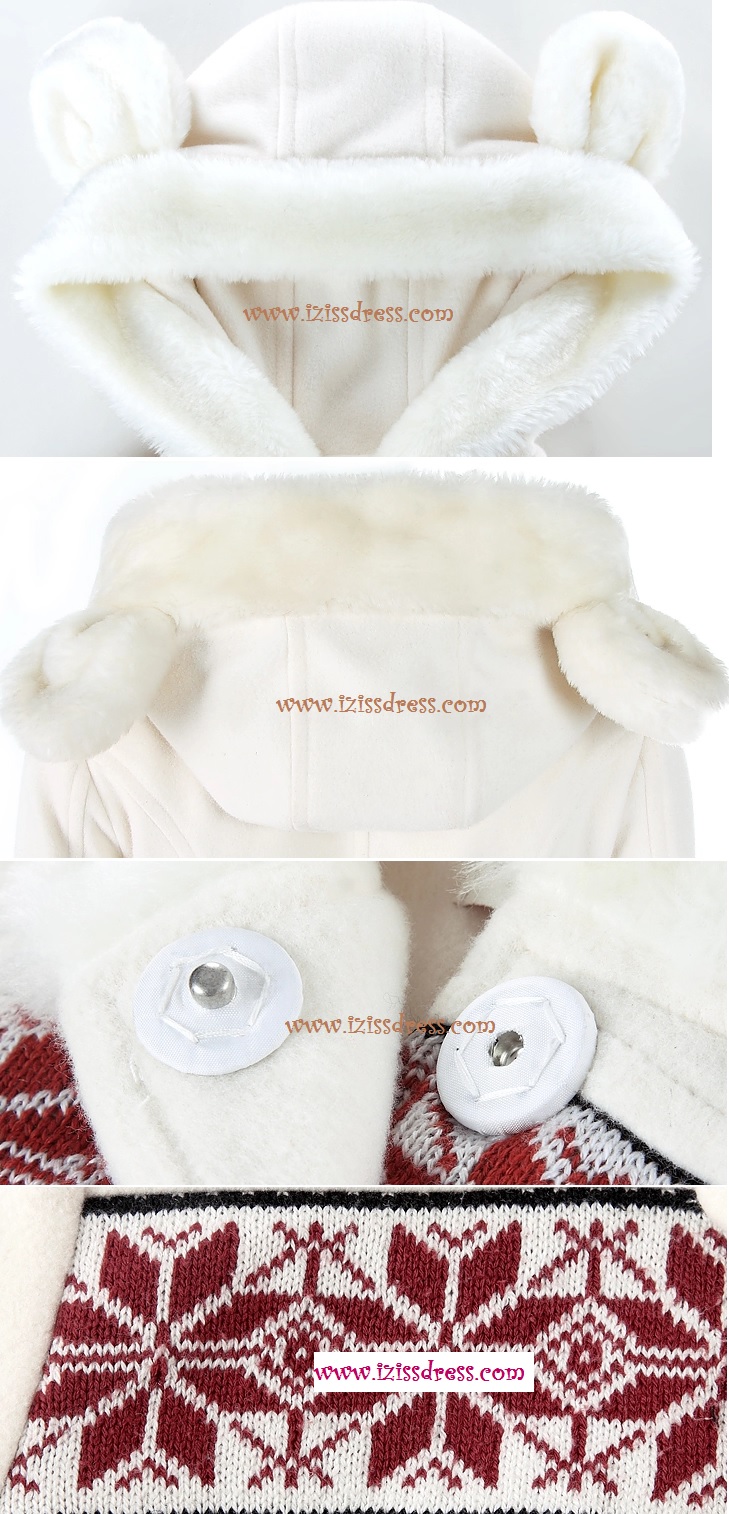 ***พรีออเดอร์***เสื้อโค้ท เสื้อกันหนาวสีขาวขนเฟอร์นุ่ม มีฮู้ดแบบหมวกรูปหูสัตว์ทั้ง 2 ข้าง ช่วงอกและแขนตัดต่อผ้าไหมพรมลายเกล็ดหิมะสีแดงเลือดหมู สวยเหมือนแบบแบรนด์แท้ 100%