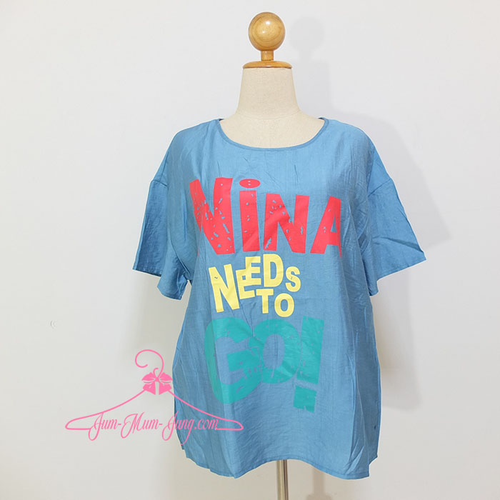 *อก50-52นิ้ว*เสื้อผ้าคนอ้วนผ้าลินินสลาฟสีฟ้าสกรีนลายEng สวยน่ารักมากๆค่ะ