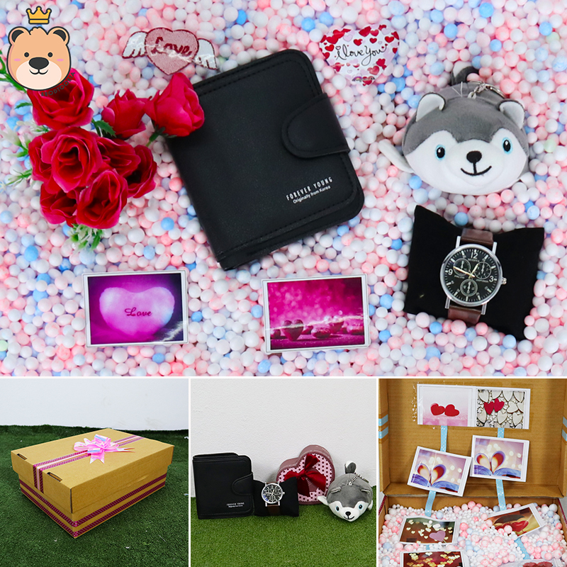 ของขวัญให้แฟนสาว ของขวัญผู้หญิง เม็ดโฟมเต็มกล่อง (กระเป๋าตัง+นาฬิกา+พวงกุญแจหมาไซบีเรียน) ของขวัญเซอร์ไพรส์ กล่องเปิดฝา