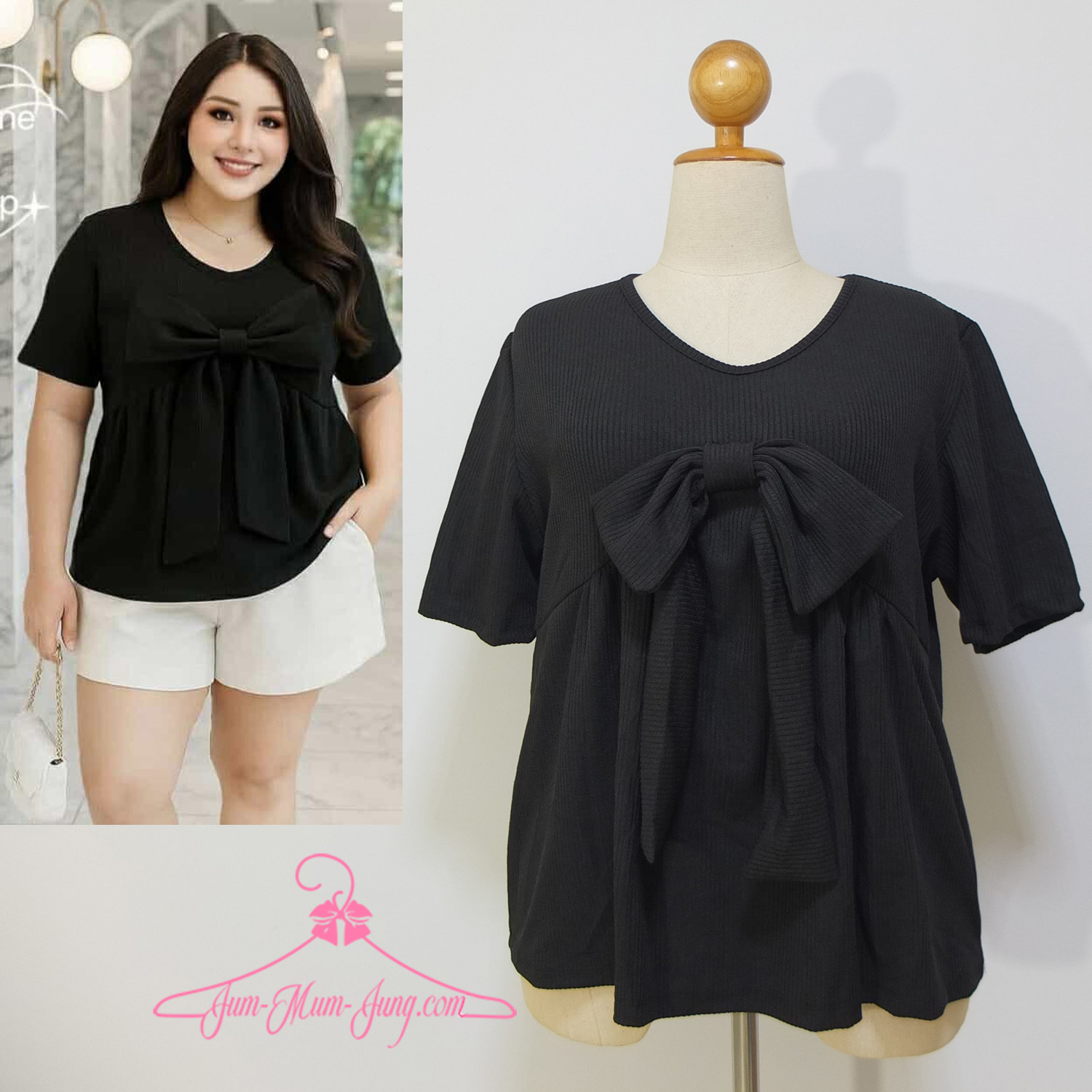 *อก50-52นิ้ว*เสื้อคนอ้วนผ้ายืดร่องสีดำแต่งโบว์ใหญ่ ช่วงตัวต่อระบายด้านหน้า สวยน่ารักมากๆค่ะ