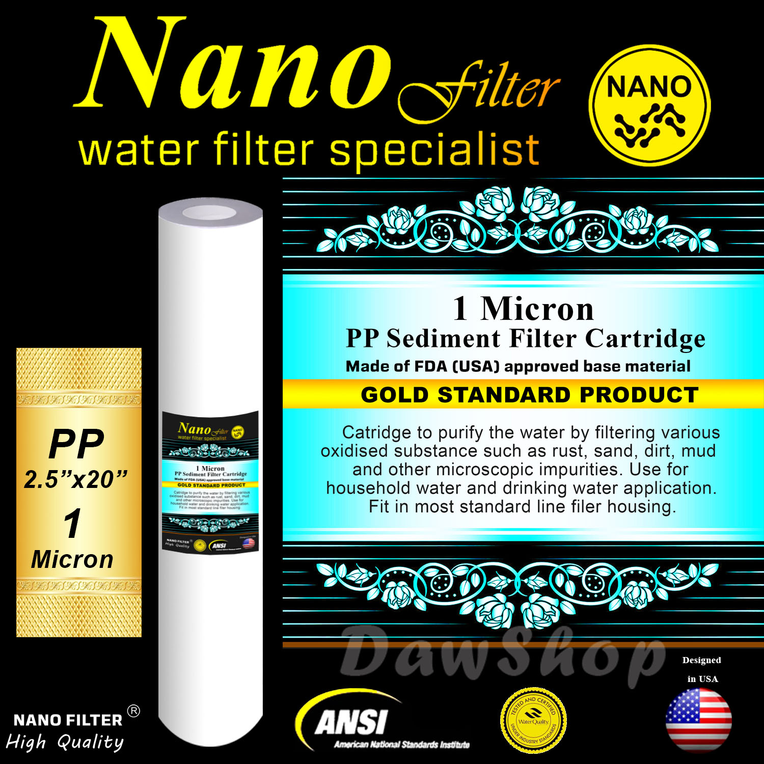 ไส้กรองน้ำ Sediment (PP) 20 นิ้ว x 2.5 นิ้ว 1 Micron Nano