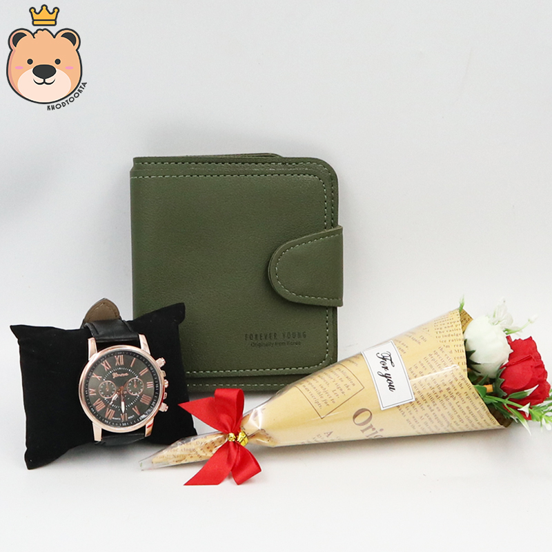 เซ็ตเซอร์ไพรส์แฟนสาว (กระเป๋าสตางค์ + ช่อดอกไม้ + นาฬิกา) พร้อม เม็ดโฟมสีเทา กล่องของขวัญ เปิดฝาสีเงินสุดหรู (ส่งด่วน)