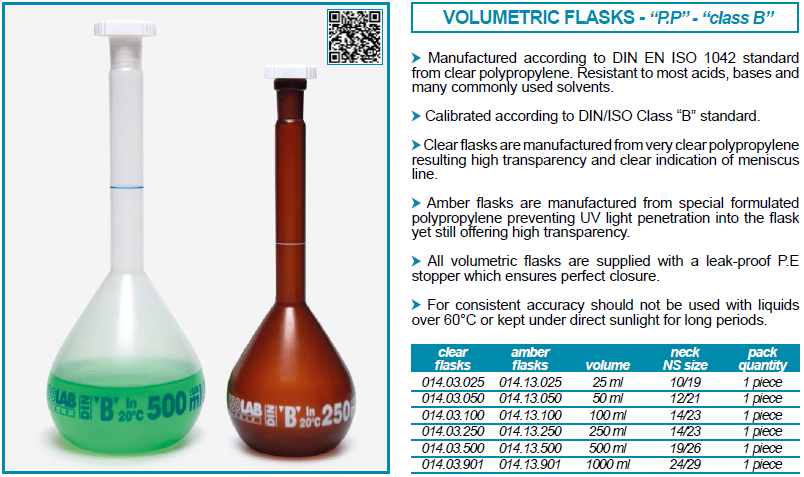 ขวดวัดปริมาตรพลาสติก VOLUMETRIC FLASK - PP - ISOLAB