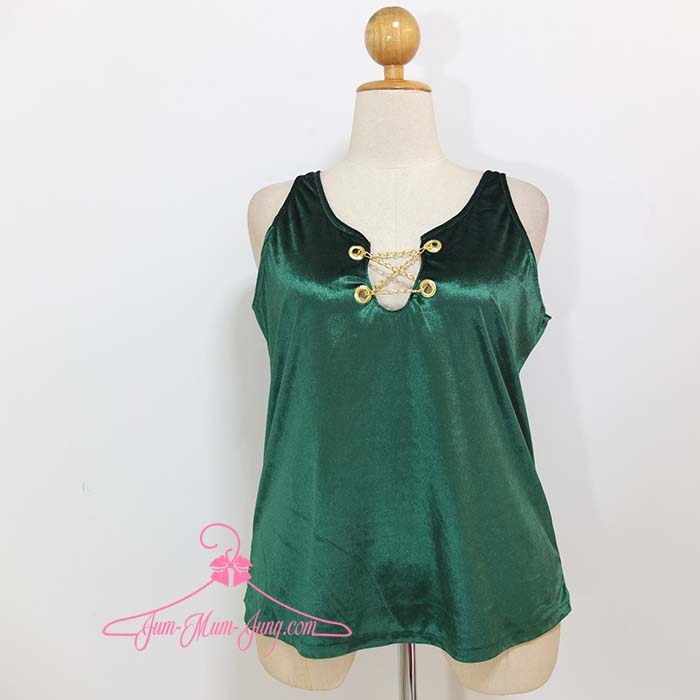 *อก46นิ้ว*เสื้อแขนกุดคนอ้วนผ้ากำมะหยี่สีเขียวเจาะตาไก่ร้อยโซ่สีทองที่หน้าอก สวยเก๋น่ารักมากๆค่ะ