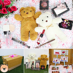 เซ็ตเซอร์ไพรส์ หมียืน 2 ตัว Size 8 นิ้ว+ชุดเครื่องสำอาง 6 ชิ้น กล่องขนาด24x34x19 เม็ดโฟมเต็มกล่อง เซ็ตแต่งหน้า