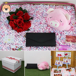 เซ็ตเซอร์ไพรส์ เม็ดโฟม {ของขวัญวาเลนไทน์,ของขวัญให้แฟน } ตุ๊กตา หมูนอน นุ่มนิ่ม Size 13 นิ้ว + กรระเป๋าเลือกแบบได้ +ตกแต่ง+โฟม+ดอกไม้+กล่องของขวัญเปิดฝา