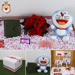 เซ็ตเซอร์ไพรส์ เม็ดโฟม {ของขวัญวาเลนไทน์,ของขวัญให้แฟน } ตุ๊กตาโดเรม่อน7 นิ้ว (อ้าปาก ) + กระเป๋าเลือกแบบได้ +ตกแต่ง+โฟม+ดอกไม้+กล่องของขวัญเปิดฝา