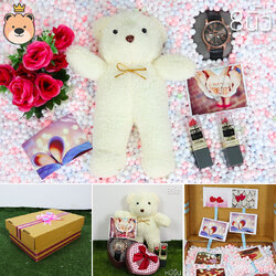 เซ็ตเซอร์ไพรส์ หมียืน Size 8 นิ้ว สีขาว+นาฬิกา+ลิป 2 แท่ง+ สร้อยคอ กล่องขนาด24x24x10 เม็ดโฟมเต็มกล่อง ของขวัญเซอร์ไพรส์แฟนสาว