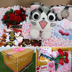 เซ็ตเซอร์ไพรส์ เม็ดโฟม ของขวัญวาเลนไทน์,ของขวัญให้แฟน ตุ๊กตา แมวจี้นอน 10 นิ้ว นาฬิกา+ช็อกโกแลต+ตกแต่ง+โฟม+ดอกไม้+กล่องของขวัญเปิดฝา