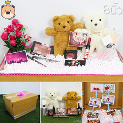 เซ็ตเซอร์ไพรส์ หมียืน 2 ตัว Size 8 นิ้ว +ชุดเครื่องสำอาง 6 ชิ้น+สร้อยรูปหัวใจ กล่องขนาด24x34x19 เม็ดโฟมเต็มกล่อง