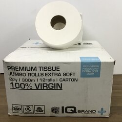 กระดาษชำระม้วนใหญ่ เยื่อกระดาษบริสุทธิ์ 100% ไม่มีลาย หนา 2 ชั้น ยาว 300 เมตร ยี่ห้อ IQ BRAND