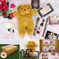 เซ็ตเซอร์ไพรส์ หมียืน Size 8 นิ้ว สีน้ำตาล+ชุดเครื่องสำอาง 6 ชิ้น+สร้อยรูปหัวใจ กล่องขนาด24x24x10 เม็ดโฟมเต็มกล่อง