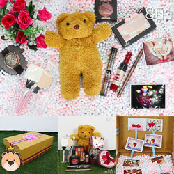 เซ็ตเซอร์ไพรส์ หมียืน Size 8 นิ้ว สีน้ำตาล+นาฬิกา+ชุดเครื่องสำอาง 6 ชิ้น + สร้อยรูปหัวใจ กล่องขนาด24x24x10 เม็ดโฟมเต็มกล่อง เซ็ตแต่งหน้า