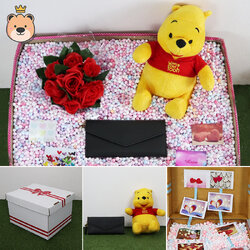 เซ็ตเซอร์ไพรส์ เม็ดโฟม {ของขวัญวาเลนไทน์,ของขวัญให้แฟน } ตุ๊กตา หมีพูลห์ รุ่น STD 10 นิ้ว + เลือกแบบกระเป๋าได้ +ตกแต่ง+โฟม+ดอกไม้+กล่องของขวัญเปิดฝา