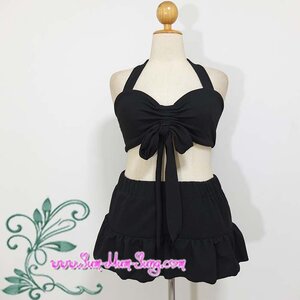 *อกฟรีไซส์42-46นิ้ว*ชุดบิกินนี่set 2ชิ้นผ้ายืดวูลเวฟสีดำเสื้อคล้องคอผูกโบว์หลังรูดอกผูกโบว์+กางเกงขาสั้นเอวยางยืดแต่งระบาย สวยเก๋น่ารักมากๆค่ะ